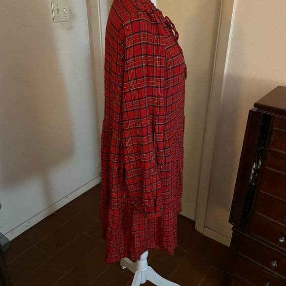LOFT Ann Taylor Shimmer Red Plaid Tiered mini Dress size large gold buttons tie - Picture 6 of 16